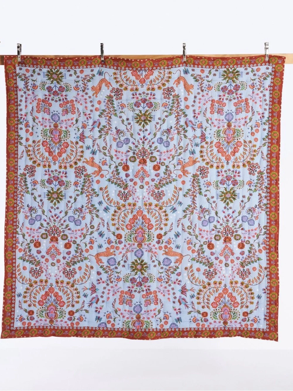 Anthropologie Floral Quilted Bedspread Set in Blue and Rust